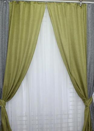 Шторы из ткани лён блэкаут "мешковина рогожка" (1,5*2,7м). цвет оливковый с серым2 фото