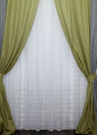 Шторы из ткани лён блэкаут "мешковина рогожка" (1,5*2,7м). цвет оливковый с серым3 фото