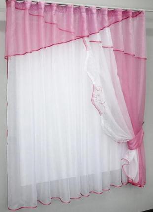 Комплект (290х170см.) шторка з тюллю і ламбрекеном. колір рожевий з білим3 фото