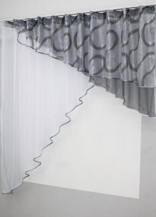Кухонний комплект (290х170см), тюль та шторка. колір білий з сірим4 фото