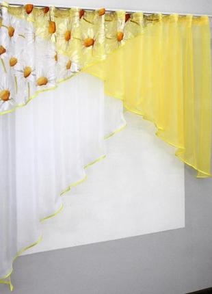 Кухонна фіранка (285х170см) шифон та органза. колір жовтий з білим3 фото