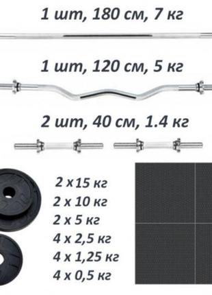 Дві штанги + дві гантелі + подарунок. набір металевих прогумованих дисків 77 кг + 4 хромованих грифи