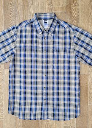 The north face s-m мужская треккинговая рубашка с коротким рукавом теннисика в клетку черная синяя бежевая