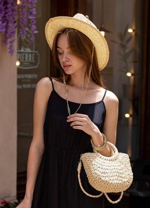 Летняя плетеная шляпа федора с цепью и булавкой onelove молочная (декор золото или серебро)