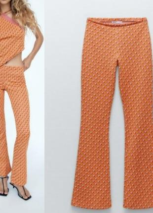 Яркие брюки брюки штаны клеш орнамент разноцветные оранжевые оранжевые zara зара2 фото