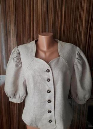 Стильный винтажный бежевый пиджак жакет из грубого льна с рукавами буфами