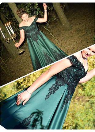 Платье корлловское атласное зеленая гипюр6 фото