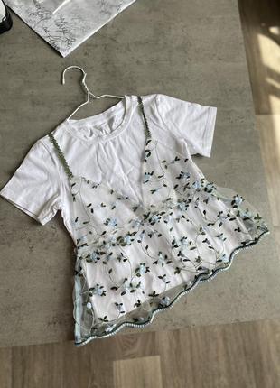 Комплект 2 в 1 футболка + топ в сітку (футболка + полупрозрачный топ в сетку)