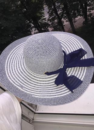 Шляпа большая панама с бантом бантиком с широкими краями полями плетеная плетёная полосатая в полоску летняя пляжная женская