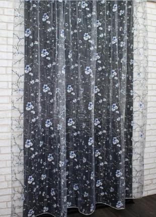Тюль, органза з великим квітковим принтом. колір білий з синій та чорним5 фото
