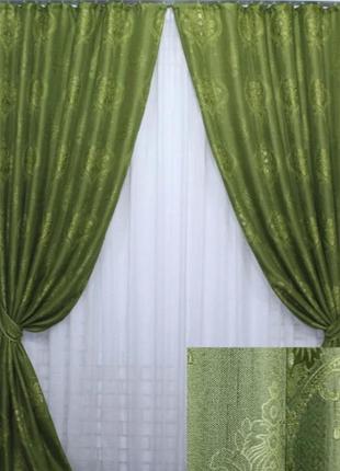Щільні штори з тканини льон рогожка "корона марія". колір світло-оливковий з візерунком