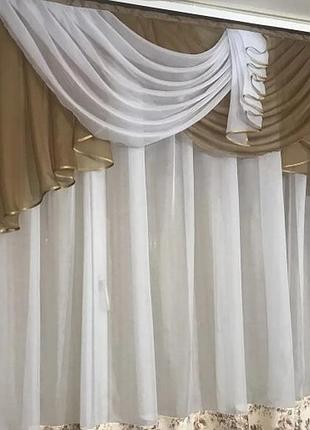 Кухонні фіранки з тюлем з принтовыми вставками прованс. колір коричневий