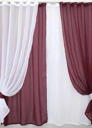 Комплект декоративних штор (4х1,5x2,5м) шифон. колір бордовий з білим4 фото
