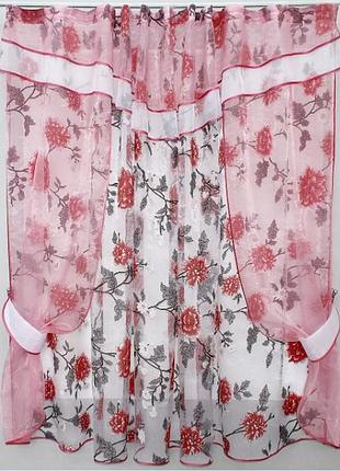 Комплект штор на кухню (270х170см) шторки з тюлью і ламбрекеном. колір рожевий з білим