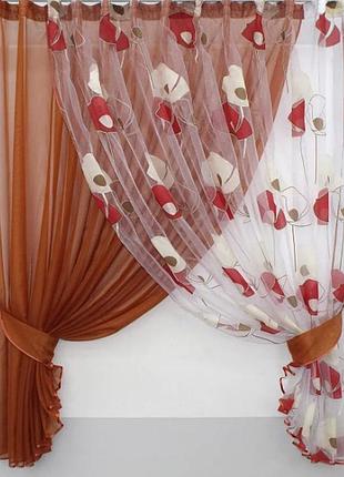 Фіранка на кухню 330х170см "дует". колір теракотовий з червоним