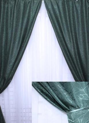 Комплект готових жакардових штор "савана", колір темно-зелений (код: 526ш)1 фото