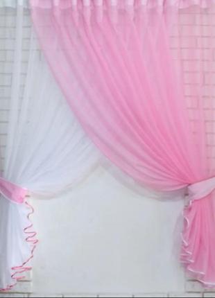 Кухонний комплект (330х170см), шторки із підв'язками "дует". колір рожевий з білим