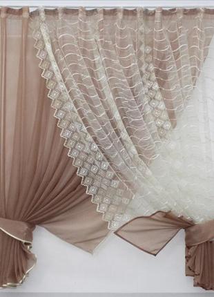Фіранка на кухню (320х170см) шифон та фатин. колір бежевий з какао