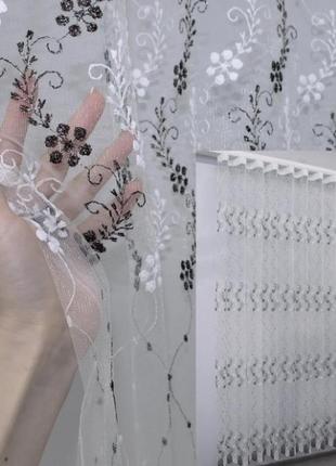 Тюль фатин з вишивкою "irena". колір білий з чорним