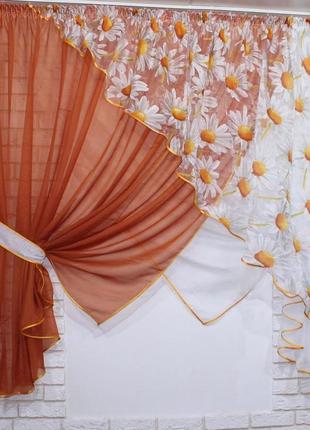 Кухонные шторки ромашки на карниз шириной 1 - 2м