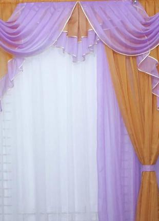 Комплект ламбрекен со шторами из шифона на карниз 2м, цвет сиреневый с янтарным