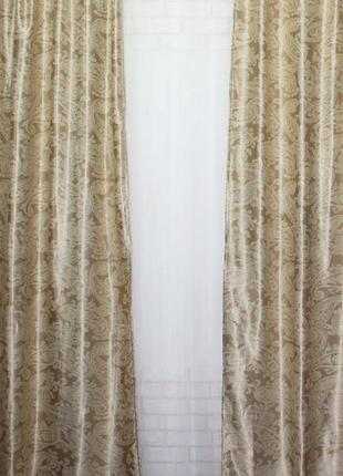 Комплект готових штор із тканини блекаут "дамаск" колір темно-бежевий із вензелями7 фото