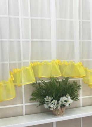 Тюль-арка для кухні "фоксі", колір жовтий з білим5 фото