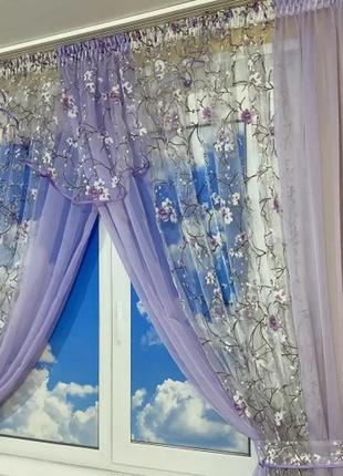 Фіранка на кухню з принтом. колір бузковий