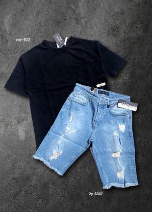 Повсякденний чоловічий костюм джинсові рвані шорти з потертостями і футболка якісний комплект