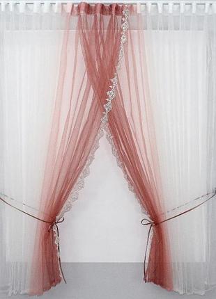 Шторки фатин на кухню, балкон 490х170см. колір персиковий з білим