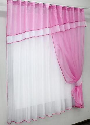 Кухонний комплект, тюль та шторка. колір рожевий з білим4 фото