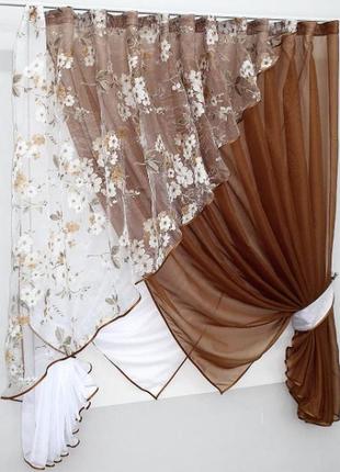 Кухонні шторки з підв'язками (300х170см) шифон та органза. колір коричневий з білим