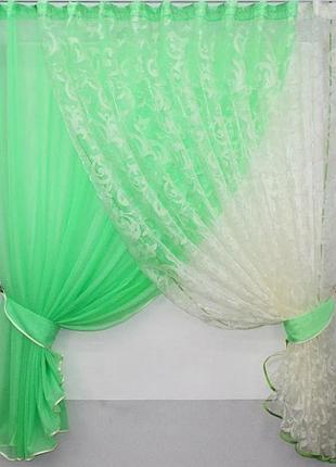 Комплект готових штор на кухню, балкон з підв'язками 320х170см "дует". колір салатовий