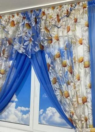 Фіранка на кухню з принтом. колір блакитний