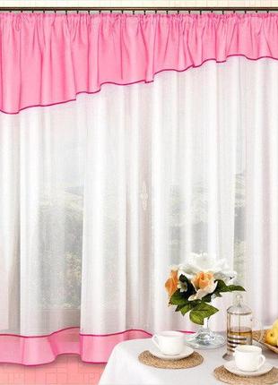 Тюль у кухню, рожевий з білим