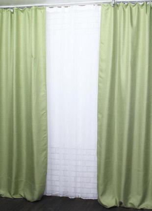 Комплект готових світлонепроникних штор, колекція блекаут "лен мішкувина", колір салатовий. код 320ш4 фото