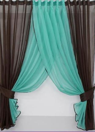 Шторки на кухню шифон (400х170см). колір венге з бірюзовим