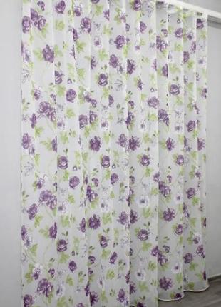 Тюль з батисту, колекція "flora". колір білий з фіолетовим та салатовим4 фото
