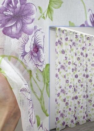 Тюль з батисту, колекція "flora". колір білий з фіолетовим та салатовим1 фото
