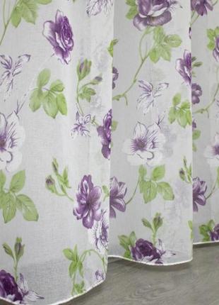 Тюль з батисту, колекція "flora". колір білий з фіолетовим та салатовим2 фото