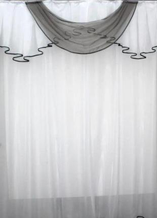 Кухонний (200х170см) комплект тюль з ламбрекеном. колір білий з сірим1 фото