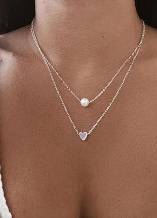 Жіноче двошарове намисто з кулоном у вигляді серця, зі штучними перлами