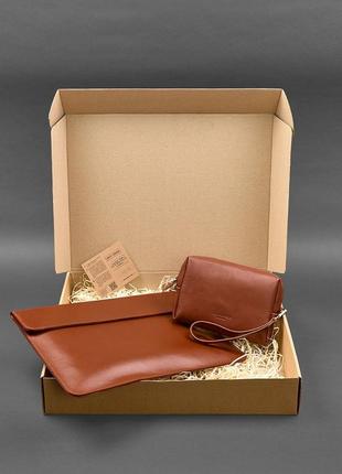 Набір шкіряний світло-коричневий косметичка, чохол для ноутбука