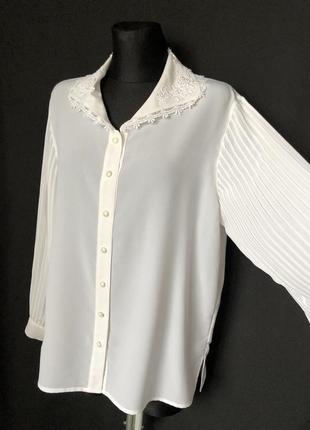 Винтаж белая блузка с пышным рукавом гофре нюанс полиэстр3 фото