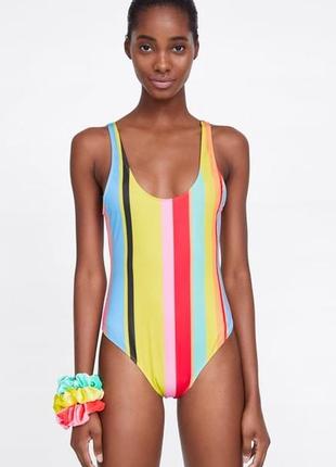 14-16 zara трендовий яскравий цільний купальник у смужку з відкритою спиною