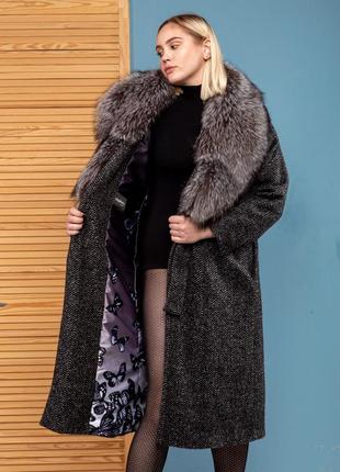 Шикарное пальто букле шерсть зима италия финская чернобурка новая коллекция 2020-20213 фото