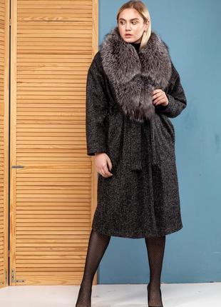 Шикарное пальто букле шерсть зима италия финская чернобурка новая коллекция 2020-20217 фото