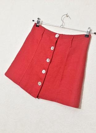 Італія красива спідниця червона на застібці спереду, довжина міні тканина льон літня жіноча2 фото