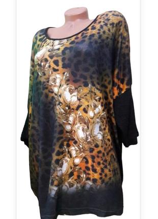 Свитер -блуза темно-серая ,,цветы на леопардовом принте свободный крой1 фото