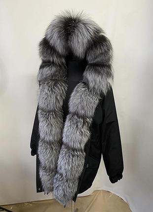 Женская зимняя черная парка, куртка с натуральным мехом финской чернобурки, 42-60 размеры